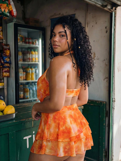 Swim Mod 2026 New Summer Beach Vacation Women's 3-Piece Bikini Set, Light Orange Floral Cake Skirt, Bohemian Style Beach Vacation Swimwear, Elegant Bohemian Style Party Outfit Plus Size Swimsuit Set