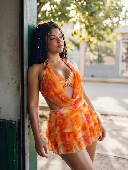 Swim Mod 2026 New Summer Beach Vacation Women's 3-Piece Bikini Set, Light Orange Floral Cake Skirt, Bohemian Style Beach Vacation Swimwear, Elegant Bohemian Style Party Outfit Plus Size Swimsuit Set