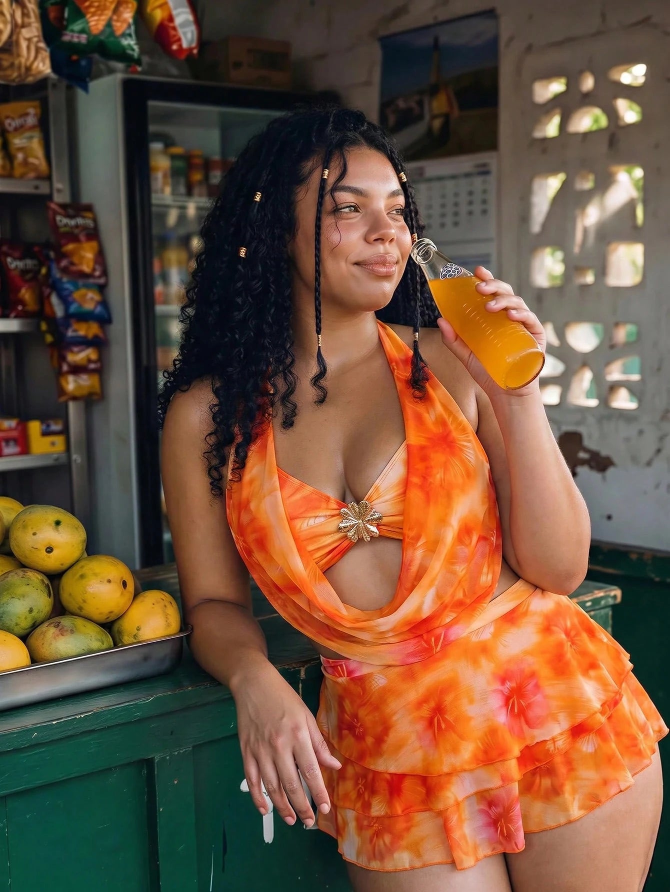 Swim Mod 2026 New Summer Beach Vacation Women's 3-Piece Bikini Set, Light Orange Floral Cake Skirt, Bohemian Style Beach Vacation Swimwear, Elegant Bohemian Style Party Outfit Plus Size Swimsuit Set