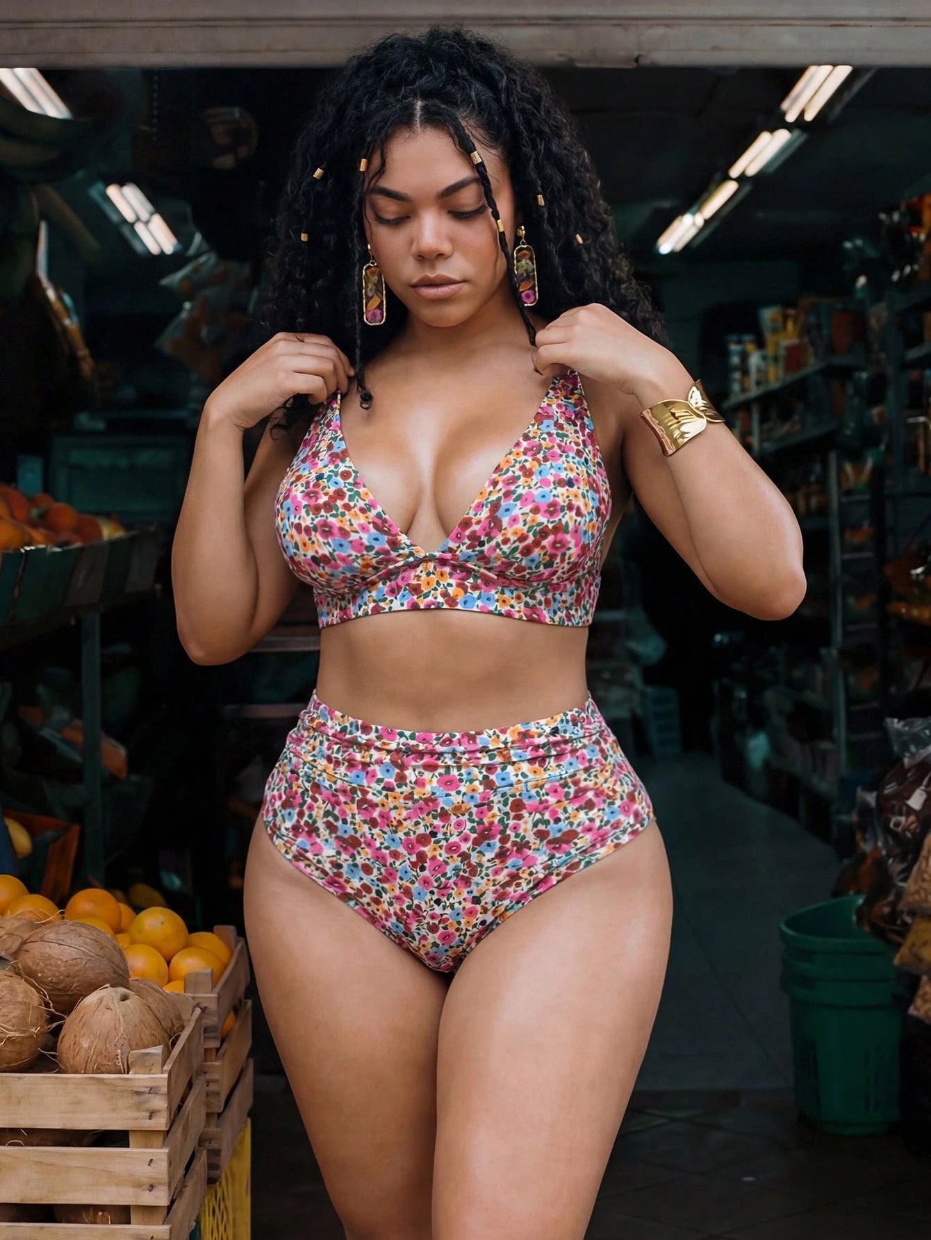 Swim Mod 2026 New Summer Plus Size Women 2-Piece Random Print High Waist Triangle Bikini Ruched Casual Sexy Swimsuit Set Beach Vacation