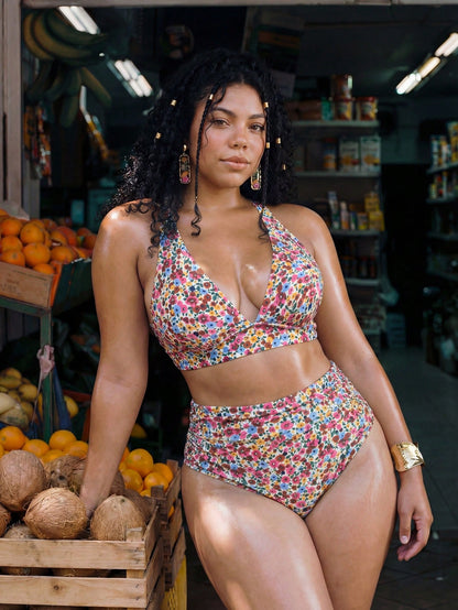 Swim Mod 2026 New Summer Plus Size Women 2-Piece Random Print High Waist Triangle Bikini Ruched Casual Sexy Swimsuit Set Beach Vacation