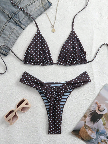 Swim Mod 2026 New Summer Women's Reversible Polka Dot Bikini Set, Elegant Halter Neck Spaghetti Strap Sexy Beach Holiday Swimwear, Party Graceful Swimwear