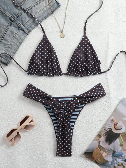 Swim Mod 2026 New Summer Women's Reversible Polka Dot Bikini Set, Elegant Halter Neck Spaghetti Strap Sexy Beach Holiday Swimwear, Party Graceful Swimwear