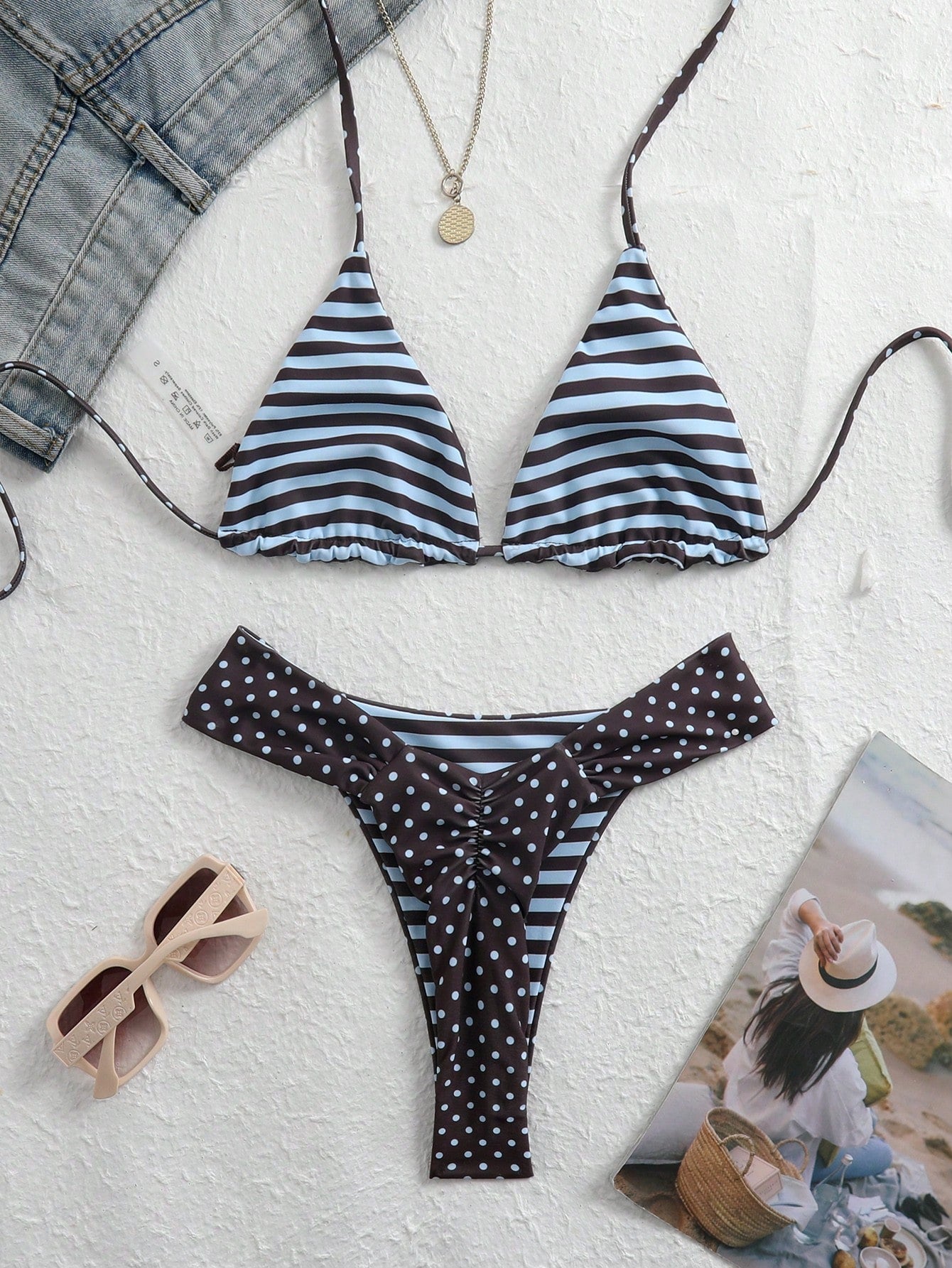 Swim Mod 2026 New Summer Women's Reversible Polka Dot Bikini Set, Elegant Halter Neck Spaghetti Strap Sexy Beach Holiday Swimwear, Party Graceful Swimwear