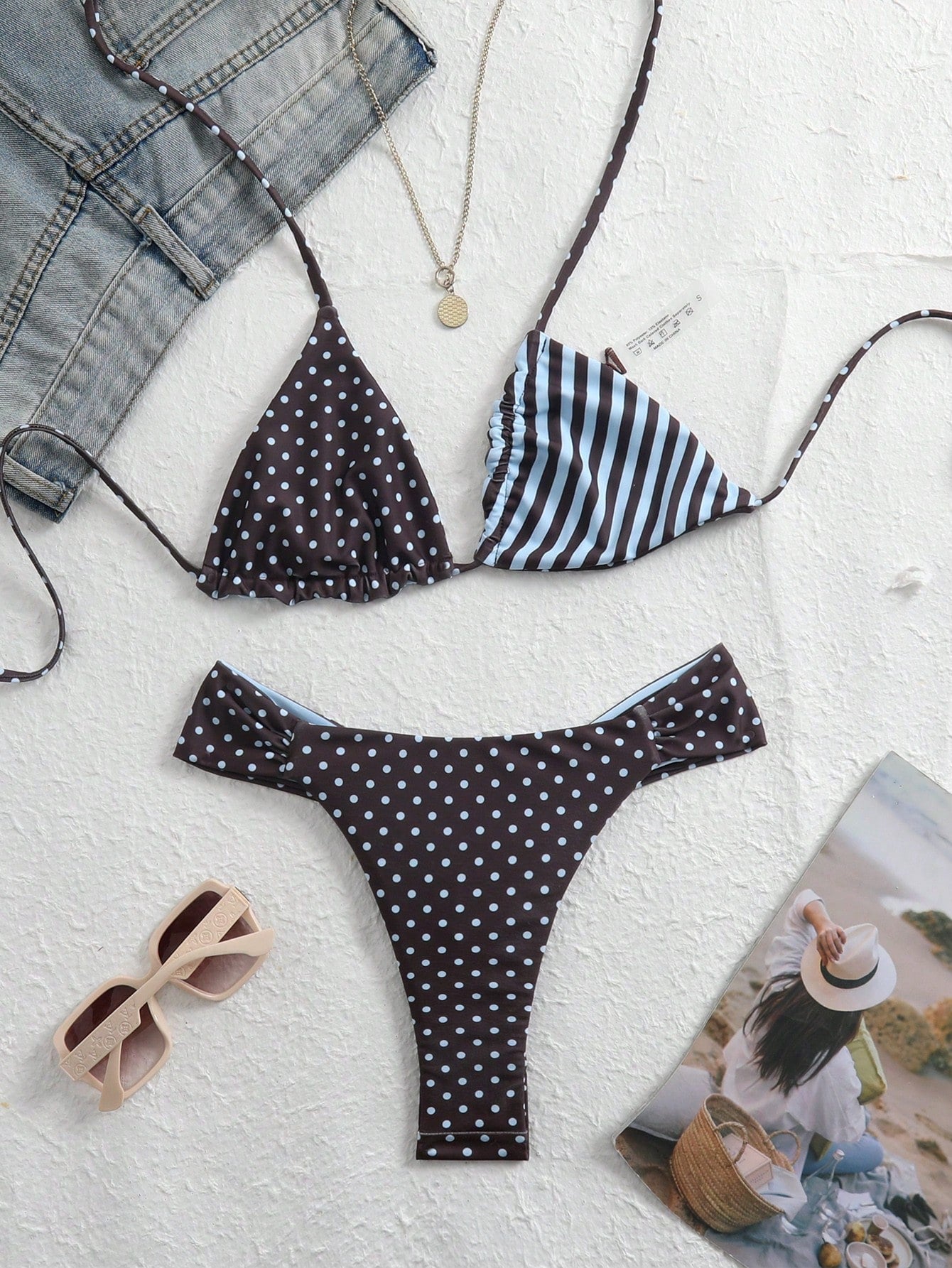 Swim Mod 2026 New Summer Women's Reversible Polka Dot Bikini Set, Elegant Halter Neck Spaghetti Strap Sexy Beach Holiday Swimwear, Party Graceful Swimwear