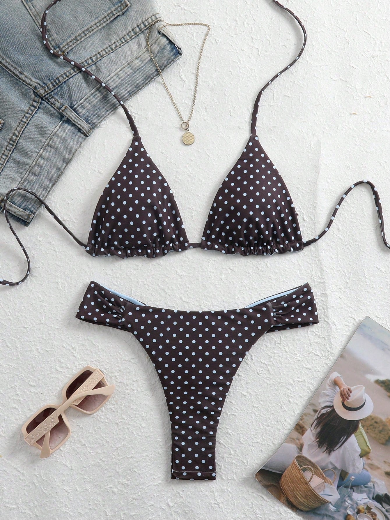 Swim Mod 2026 New Summer Women's Reversible Polka Dot Bikini Set, Elegant Halter Neck Spaghetti Strap Sexy Beach Holiday Swimwear, Party Graceful Swimwear