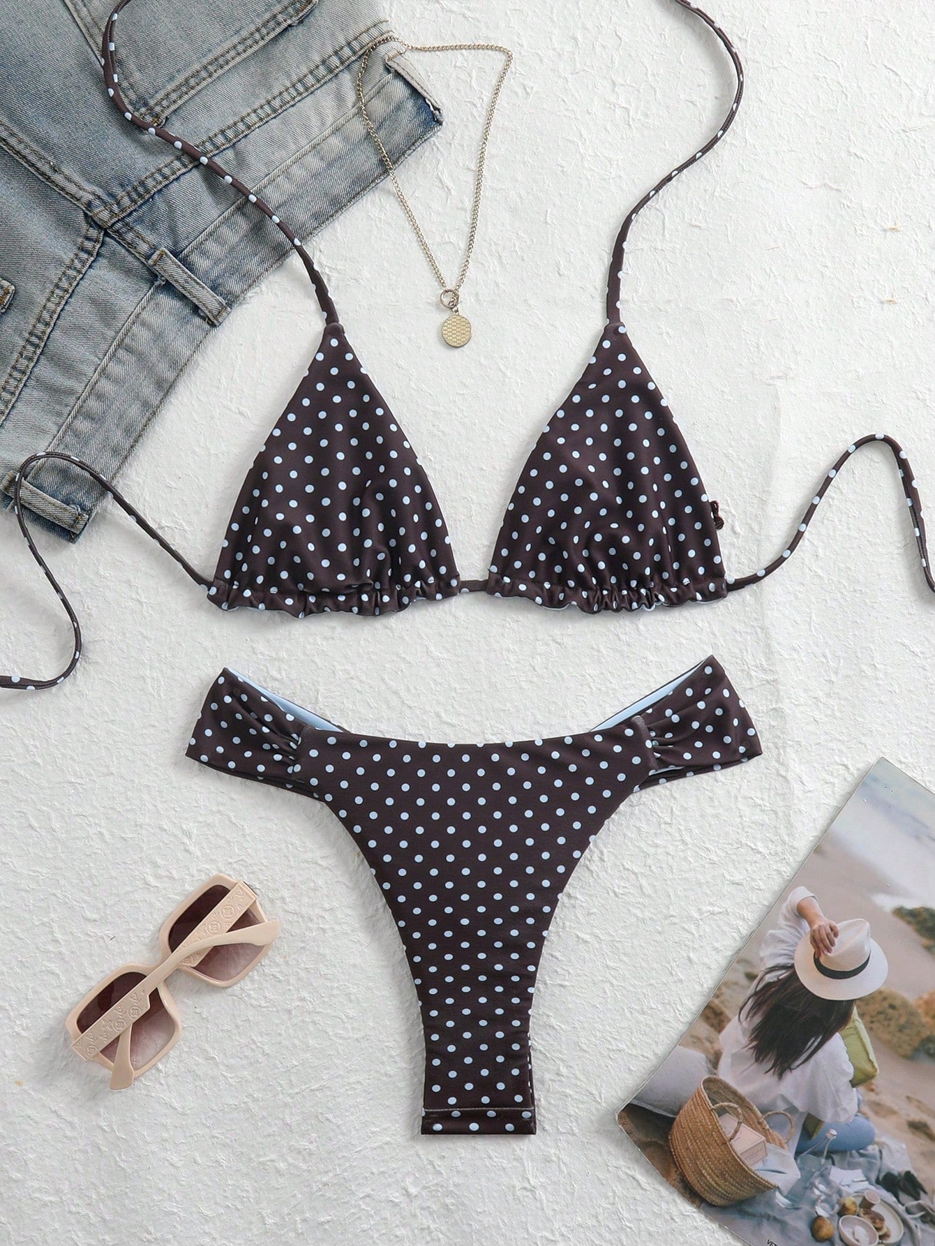 Swim Mod 2026 New Summer Women's Reversible Polka Dot Bikini Set, Elegant Halter Neck Spaghetti Strap Sexy Beach Holiday Swimwear, Party Graceful Swimwear