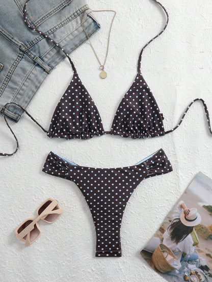Swim Mod 2026 New Summer Women's Reversible Polka Dot Bikini Set, Elegant Halter Neck Spaghetti Strap Sexy Beach Holiday Swimwear, Party Graceful Swimwear