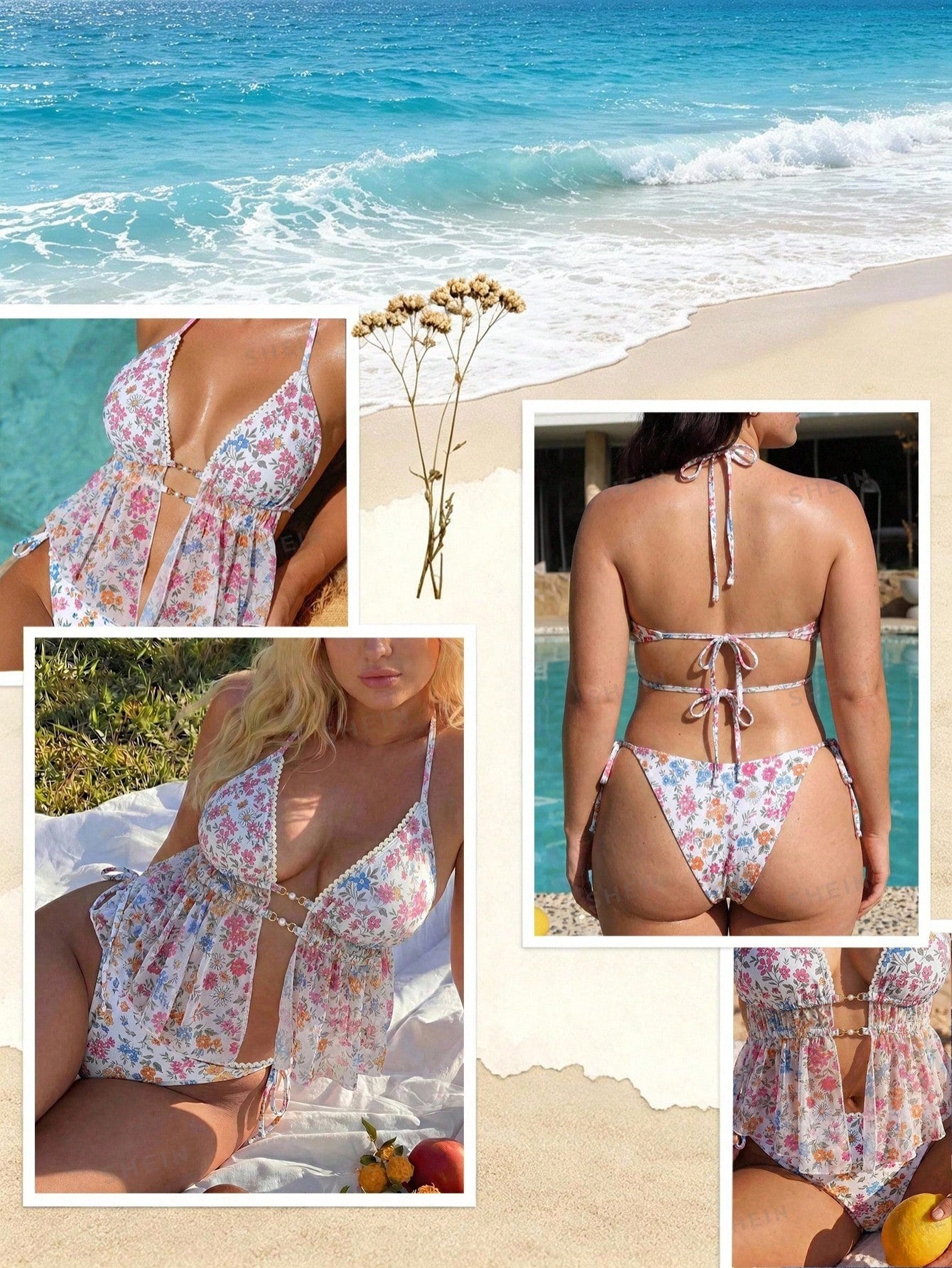 Swim Mod 2026 New Women's Spring/Summer Halter Neck Random Floral Print Beach Swimsuit Set Plus Size