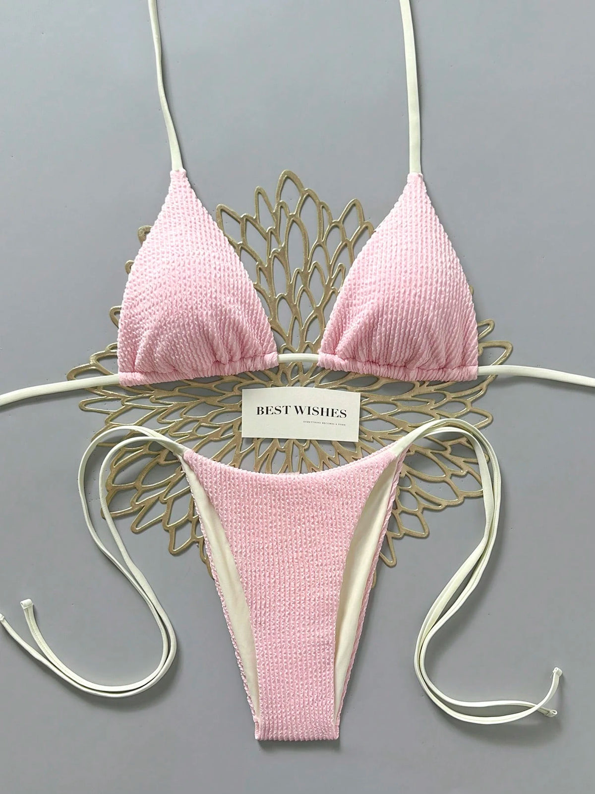 Swim Mod 2026 Spring/Summer Beige Spaghetti Strap Halter Neck Pink Pleated Textured Fabric Side High Cut Women's Bikini 2-Piece Set