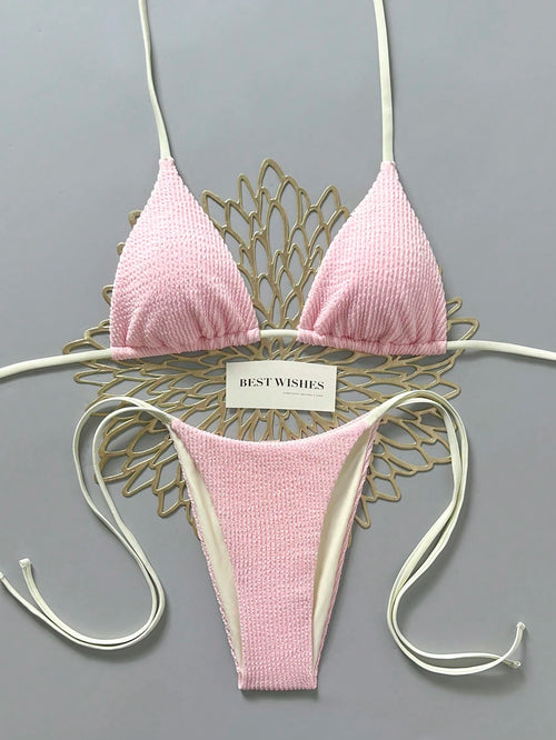Swim Mod 2026 Spring/Summer Beige Spaghetti Strap Halter Neck Pink Pleated Textured Fabric Side High Cut Women's Bikini 2-Piece Set