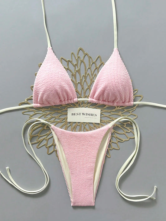 Swim Mod 2026 Spring/Summer Beige Spaghetti Strap Halter Neck Pink Pleated Textured Fabric Side High Cut Women's Bikini 2-Piece Set