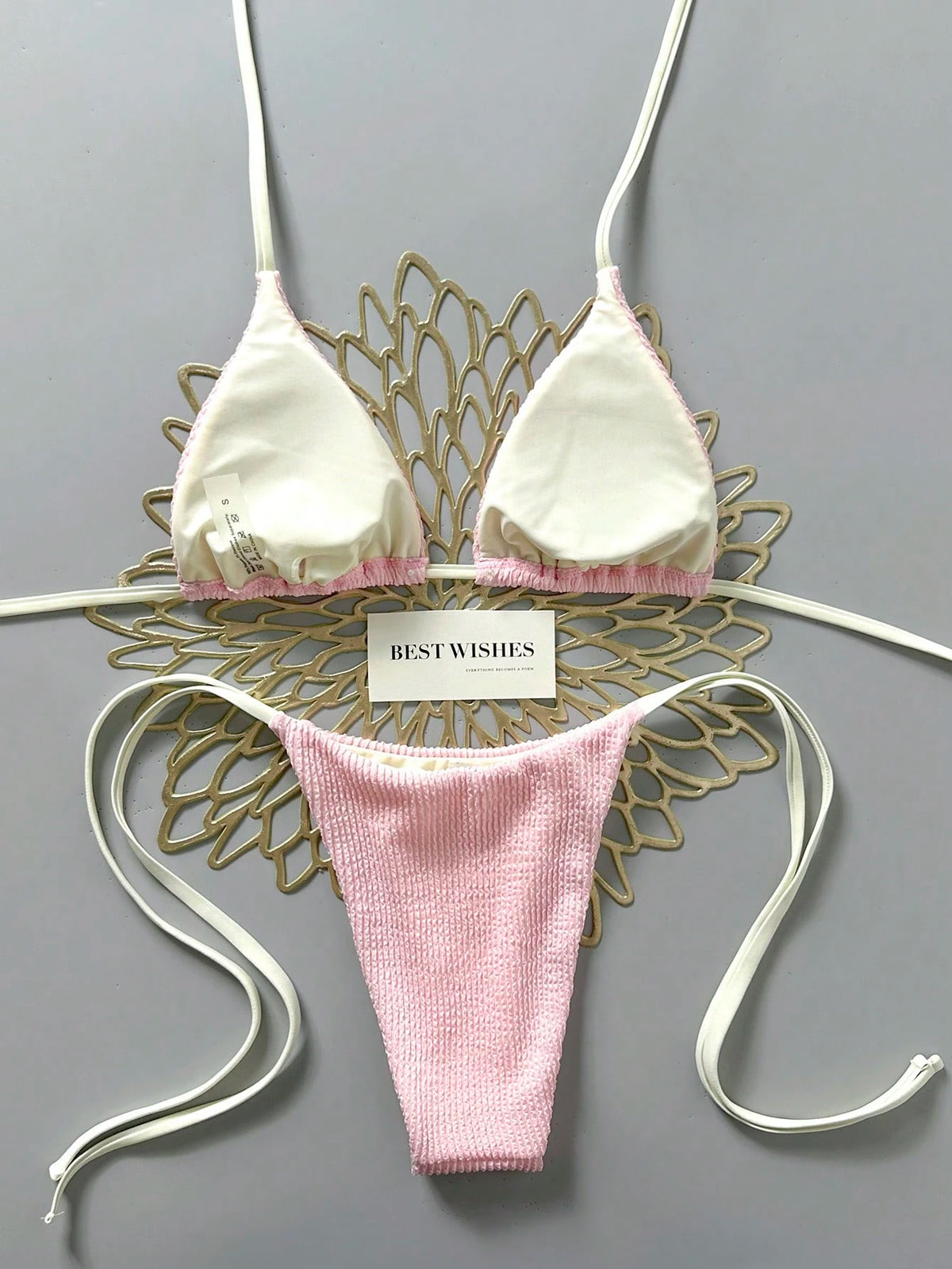 Swim Mod 2026 Spring/Summer Beige Spaghetti Strap Halter Neck Pink Pleated Textured Fabric Side High Cut Women's Bikini 2-Piece Set
