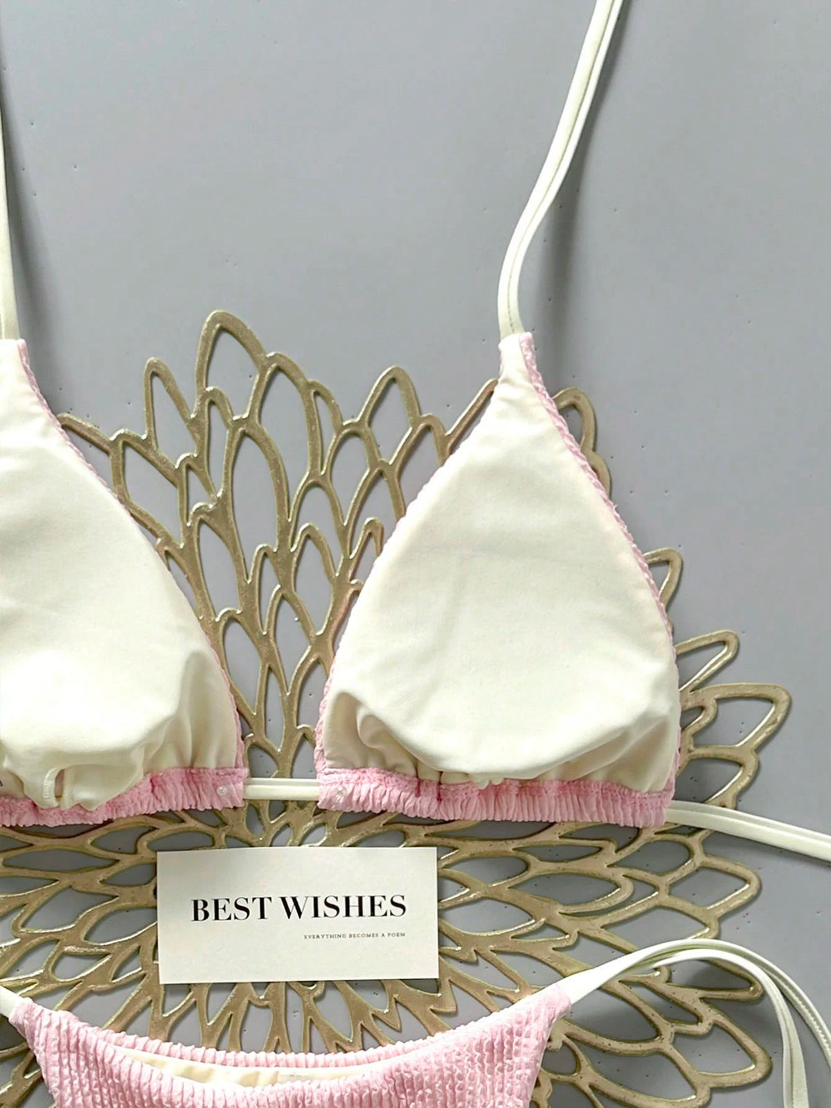 Swim Mod 2026 Spring/Summer Beige Spaghetti Strap Halter Neck Pink Pleated Textured Fabric Side High Cut Women's Bikini 2-Piece Set