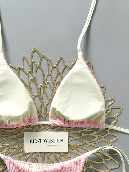 Swim Mod 2026 Spring/Summer Beige Spaghetti Strap Halter Neck Pink Pleated Textured Fabric Side High Cut Women's Bikini 2-Piece Set