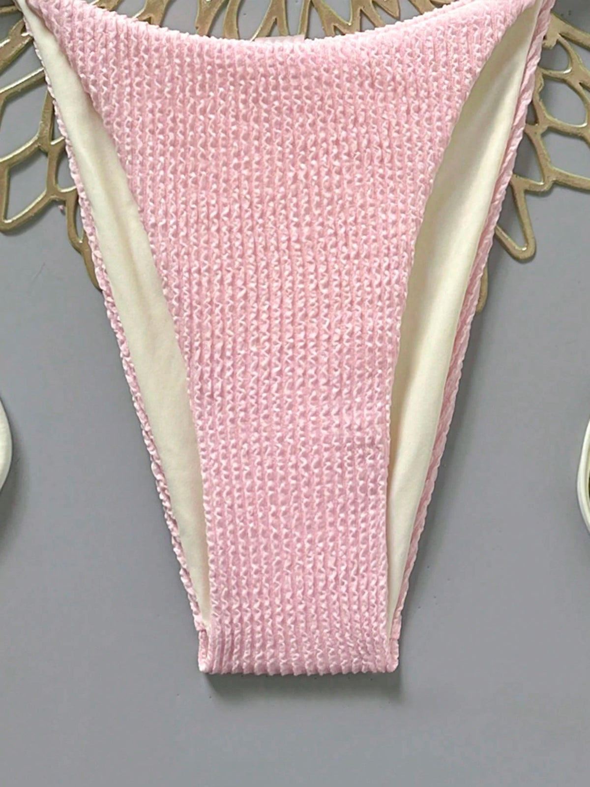 Swim Mod 2026 Spring/Summer Beige Spaghetti Strap Halter Neck Pink Pleated Textured Fabric Side High Cut Women's Bikini 2-Piece Set