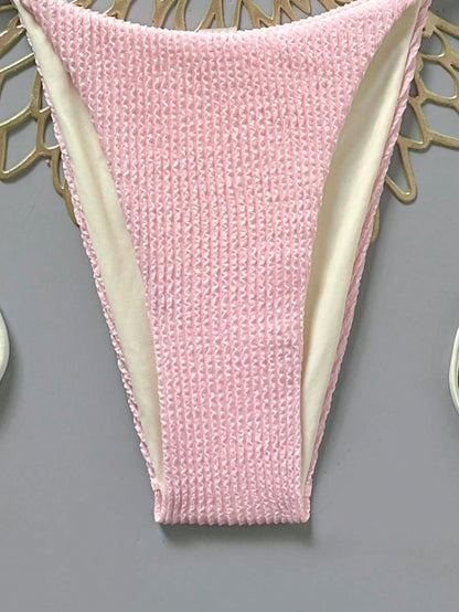 Swim Mod 2026 Spring/Summer Beige Spaghetti Strap Halter Neck Pink Pleated Textured Fabric Side High Cut Women's Bikini 2-Piece Set