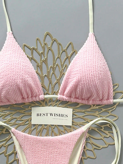 Swim Mod 2026 Spring/Summer Beige Spaghetti Strap Halter Neck Pink Pleated Textured Fabric Side High Cut Women's Bikini 2-Piece Set