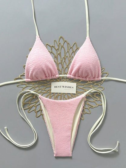 Swim Mod 2026 Spring/Summer Beige Spaghetti Strap Halter Neck Pink Pleated Textured Fabric Side High Cut Women's Bikini 2-Piece Set