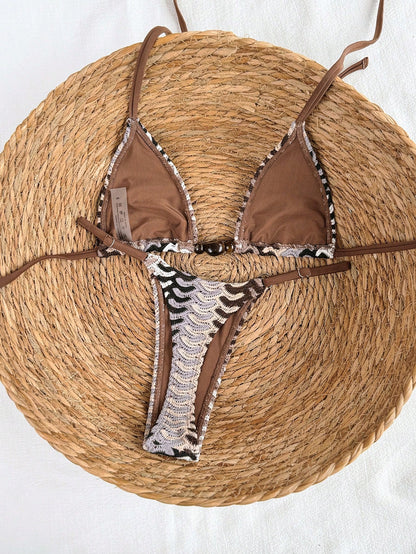 Swim Mod 2026 Spring/Summer Blue Yellow Red Crochet Fabric With Brown Solid Color Side High Cut Thong Bikini Women's Vacation Swimsuit 2-Piece Set