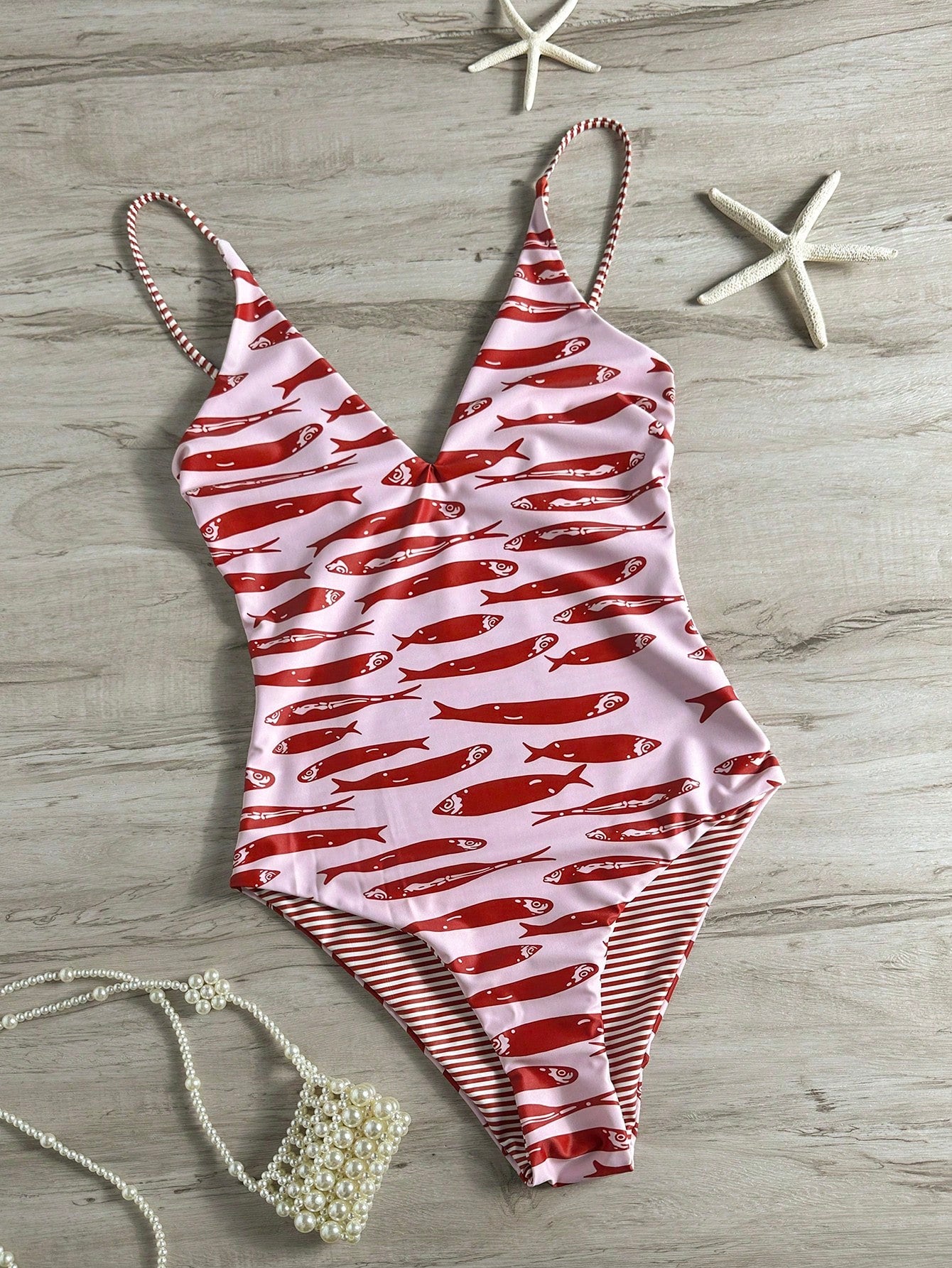 Swim Mod 2026 Spring/Summer Fish Print One-Piece Swimsuit One Piece Swimsuit V Neck Swimsuit Red Fish Print Swimsuit Striped Swimsuit