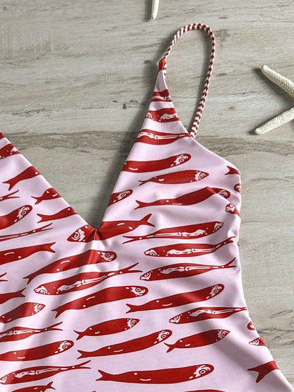 Swim Mod 2026 Spring/Summer Fish Print One-Piece Swimsuit One Piece Swimsuit V Neck Swimsuit Red Fish Print Swimsuit Striped Swimsuit