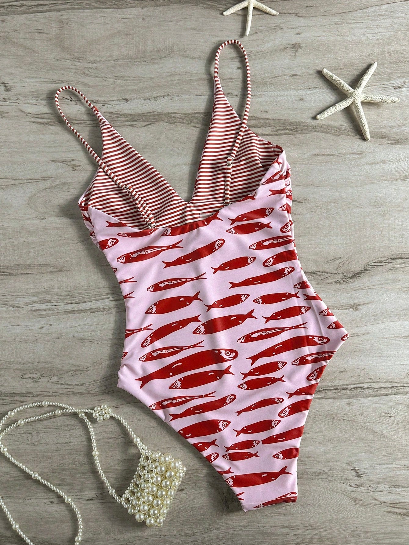 Swim Mod 2026 Spring/Summer Fish Print One-Piece Swimsuit One Piece Swimsuit V Neck Swimsuit Red Fish Print Swimsuit Striped Swimsuit