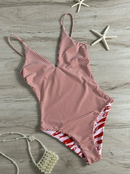 Swim Mod 2026 Spring/Summer Fish Print One-Piece Swimsuit One Piece Swimsuit V Neck Swimsuit Red Fish Print Swimsuit Striped Swimsuit