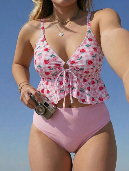 Swim Mod 2026 Spring/Summer New Plus Size Women's Fashionable Fresh Fruit Random Digital Print Bikini Set, Beach Outfit