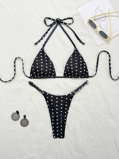Swim Mod 2pcs Polka Dot Print Sexy Bikini Set, Micro Triangle Briefs, Summer