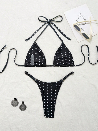 Swim Mod 2pcs Polka Dot Print Sexy Bikini Set, Micro Triangle Briefs, Summer