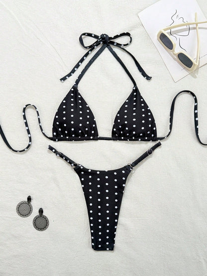 Swim Mod 2pcs Polka Dot Print Sexy Bikini Set, Micro Triangle Briefs, Summer