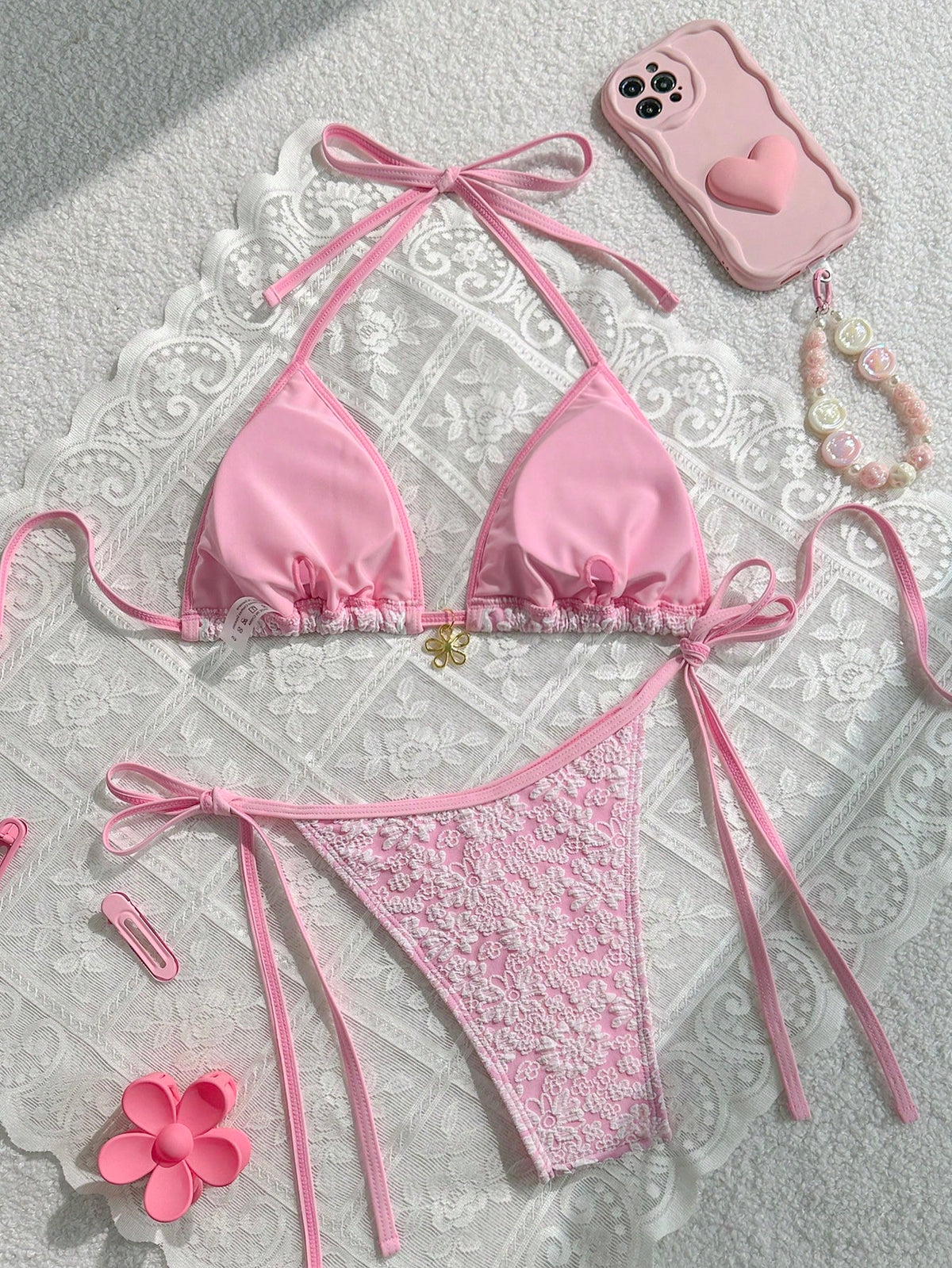Swim Mod 2pcs/Set Women Beach Summer Outfits, Textured Fabric Floral Lace Top With Pink Flower Decor Drawstring Side Bikini Bottom, Swimwear Resort Cute