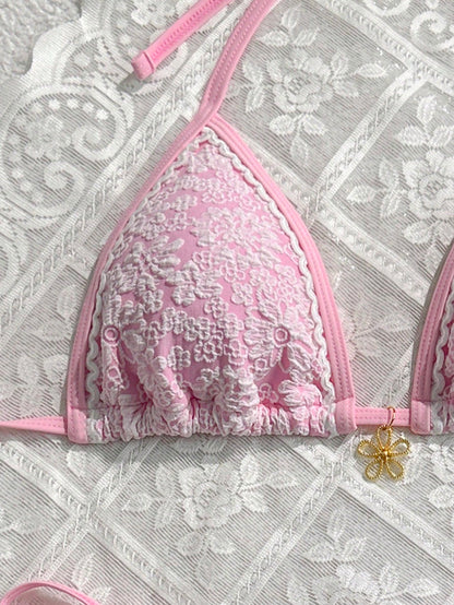 Swim Mod 2pcs/Set Women Beach Summer Outfits, Textured Fabric Floral Lace Top With Pink Flower Decor Drawstring Side Bikini Bottom, Swimwear Resort Cute
