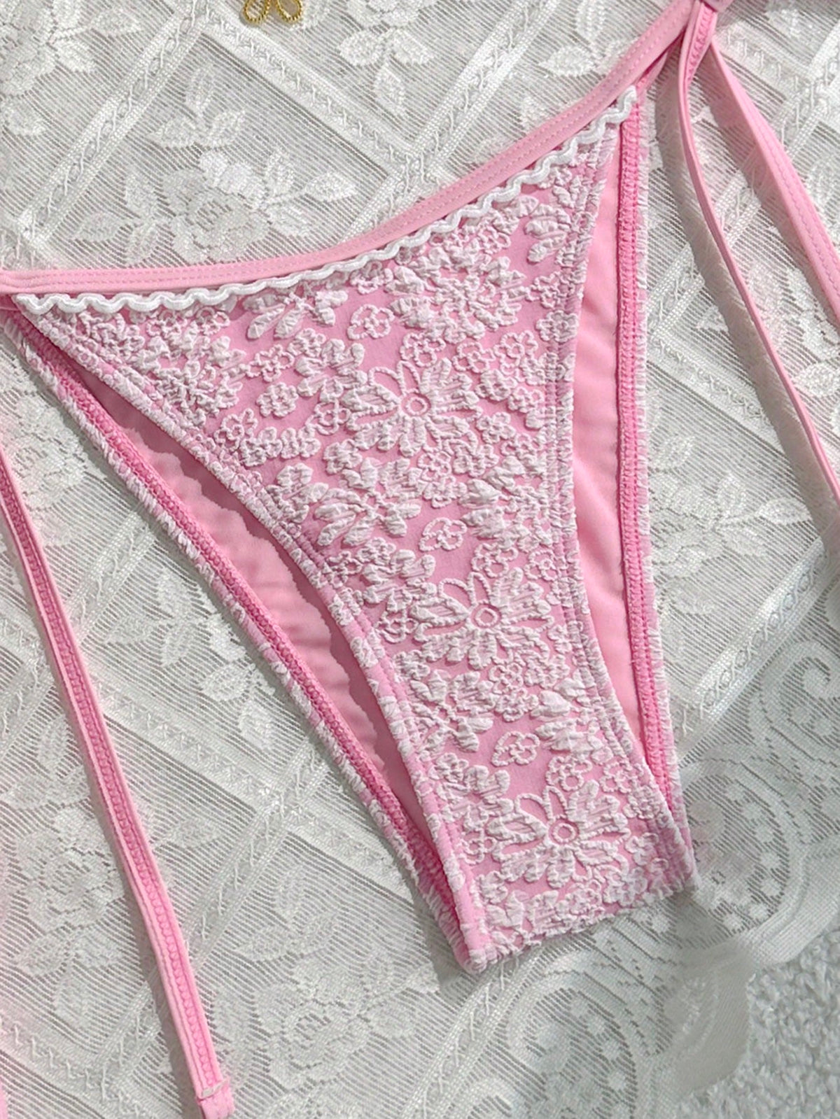 Swim Mod 2pcs/Set Women Beach Summer Outfits, Textured Fabric Floral Lace Top With Pink Flower Decor Drawstring Side Bikini Bottom, Swimwear Resort Cute