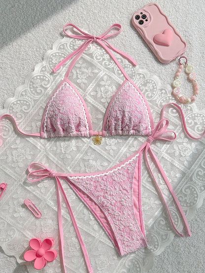Swim Mod 2pcs/Set Women Beach Summer Outfits, Textured Fabric Floral Lace Top With Pink Flower Decor Drawstring Side Bikini Bottom, Swimwear Resort Cute