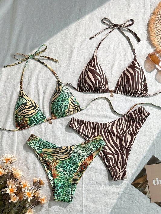 Swim Mod 4pcs/Set New Multicolor Floral + Colorful Shell & Starfish Metal Decor Twist Side High Cut Bikini Swimwear Set, Beach Holiday For Women