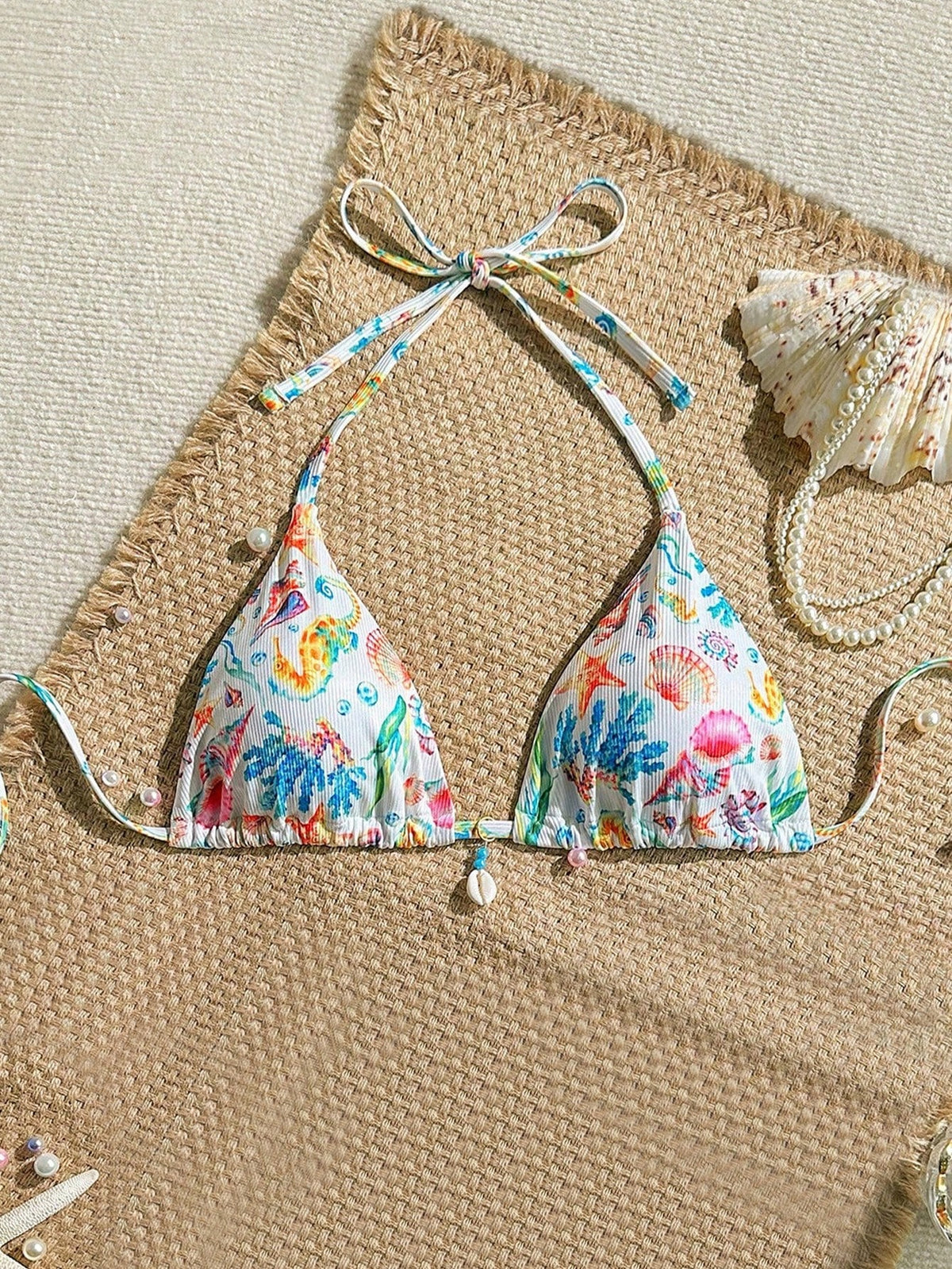 Swim Mod Beach Summer For Women: Random Shell Decor Halter Textured Fabric Triangle Tops, Sexy Swimwear