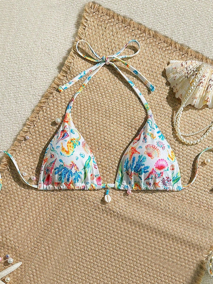 Swim Mod Beach Summer For Women: Random Shell Decor Halter Textured Fabric Triangle Tops, Sexy Swimwear