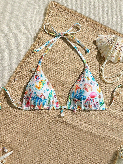 Swim Mod Beach Summer For Women: Random Shell Decor Halter Textured Fabric Triangle Tops, Sexy Swimwear