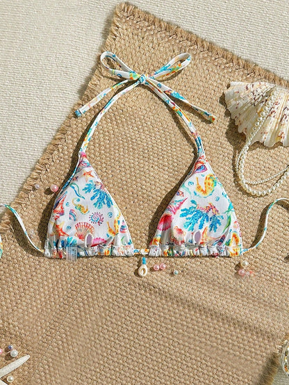 Swim Mod Beach Summer For Women: Random Shell Decor Halter Textured Fabric Triangle Tops, Sexy Swimwear
