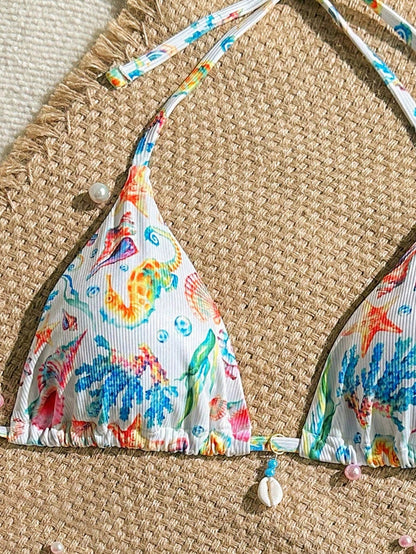 Swim Mod Beach Summer For Women: Random Shell Decor Halter Textured Fabric Triangle Tops, Sexy Swimwear