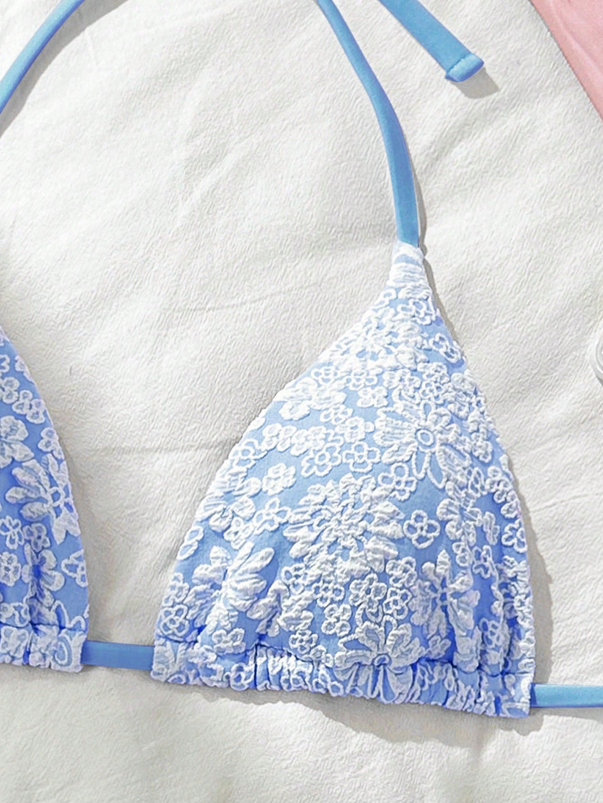 Swim Mod Beach Summer For Women, Floral Textured Fabric Halter Neck Beach Vacation Bikini Swimwear Top Blue And White Triangle Bikini Top