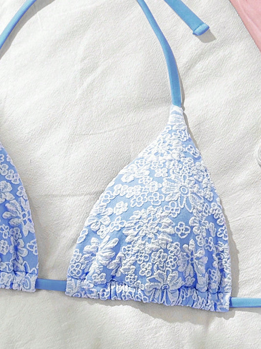 Swim Mod Beach Summer For Women, Floral Textured Fabric Halter Neck Beach Vacation Bikini Swimwear Top Blue And White Triangle Bikini Top