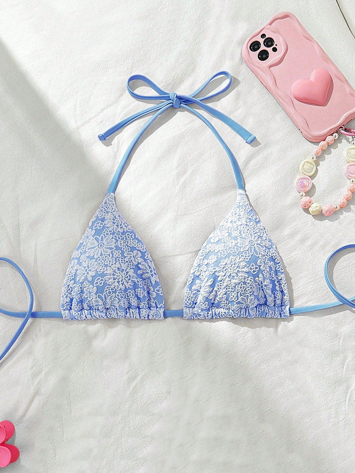 Swim Mod Beach Summer For Women, Floral Textured Fabric Halter Neck Beach Vacation Bikini Swimwear Top Blue And White Triangle Bikini Top