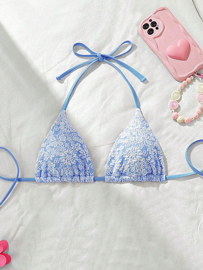 Swim Mod Beach Summer For Women, Floral Textured Fabric Halter Neck Beach Vacation Bikini Swimwear Top Blue And White Triangle Bikini Top