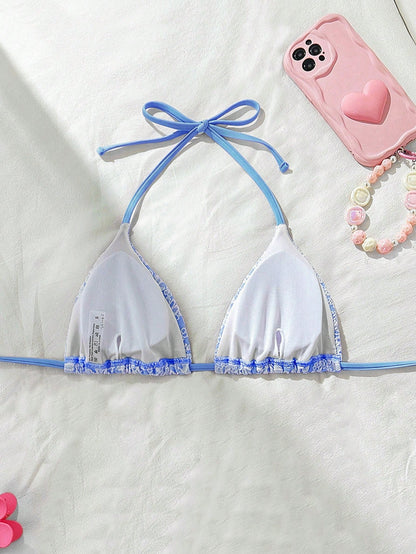 Swim Mod Beach Summer For Women, Floral Textured Fabric Halter Neck Beach Vacation Bikini Swimwear Top Blue And White Triangle Bikini Top
