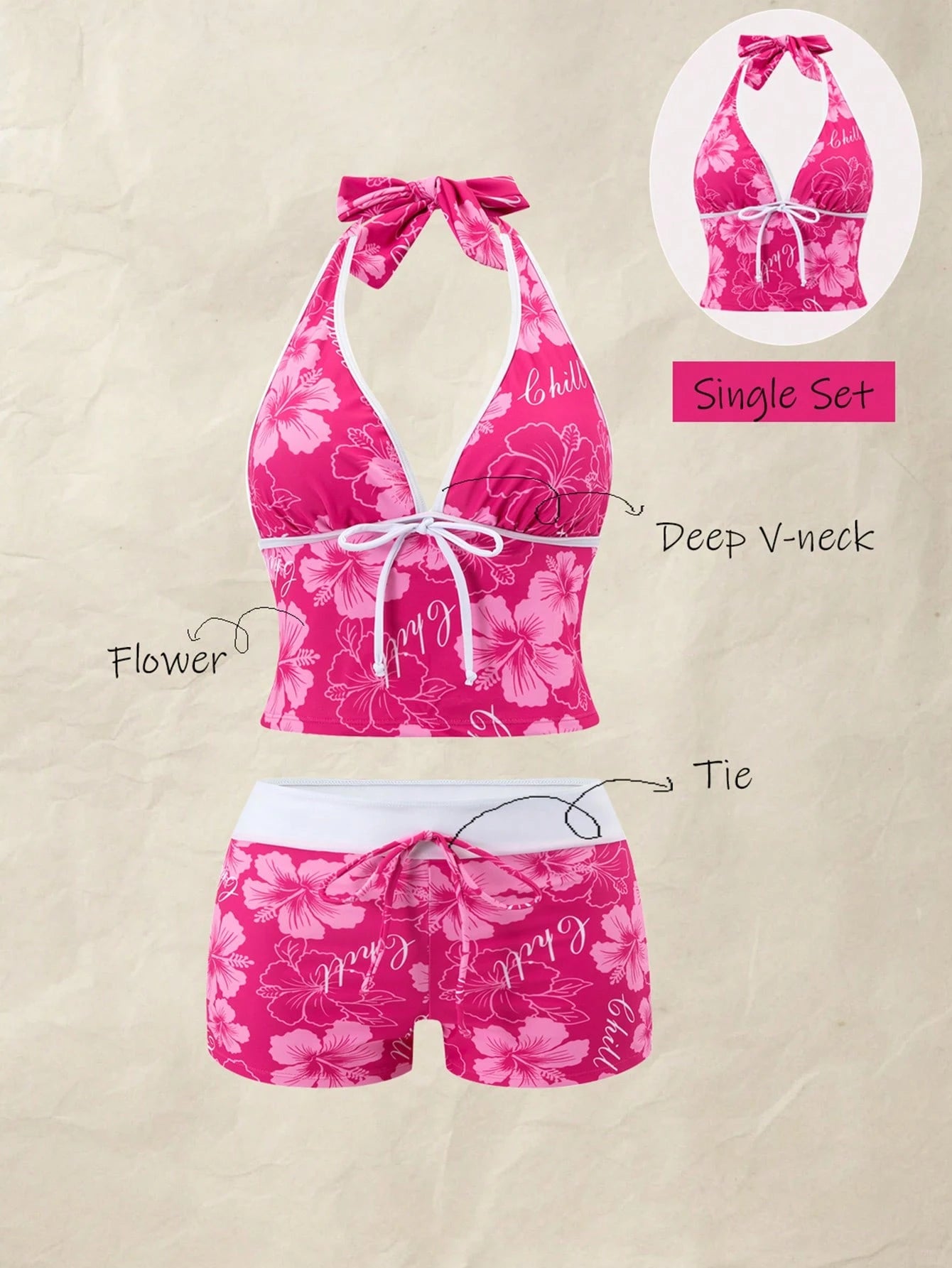 Swim Mod Magenta Tropical Ditsy Floral Deep Tie Straps Casual Vacation Pool Women's Halter Neck Push-Up Bikini Top