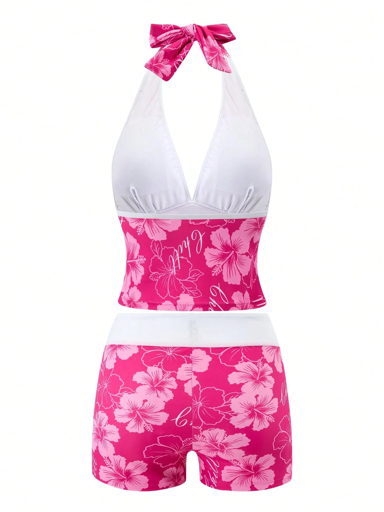 Swim Mod Magenta Tropical Ditsy Floral Deep Tie Straps Casual Vacation Pool Women's Halter Neck Push-Up Bikini Top