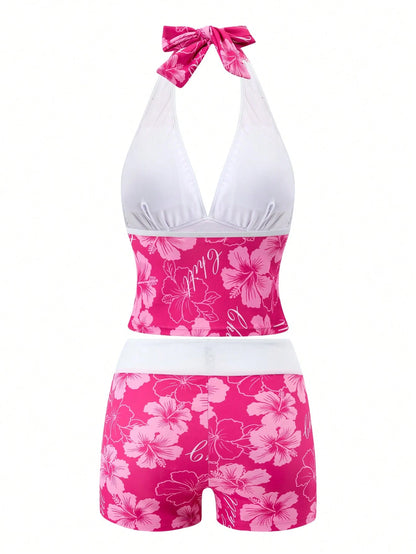 Swim Mod Magenta Tropical Ditsy Floral Deep Tie Straps Casual Vacation Pool Women's Halter Neck Push-Up Bikini Top